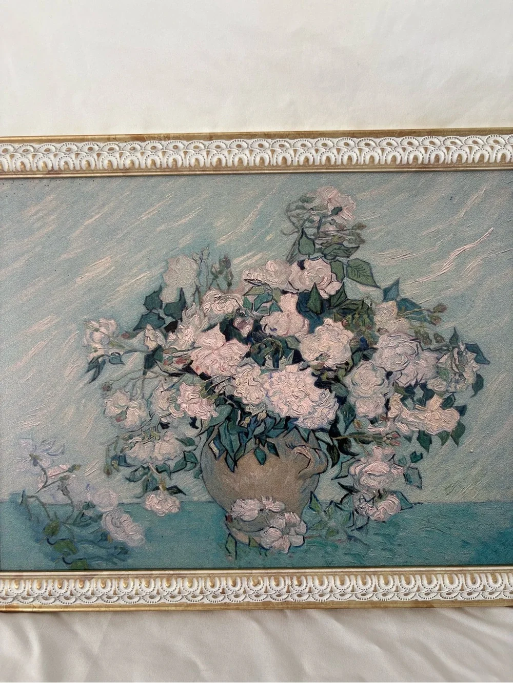 Vintage Vincent Van Gogh pink flowers artwork print in scalloped frame home art